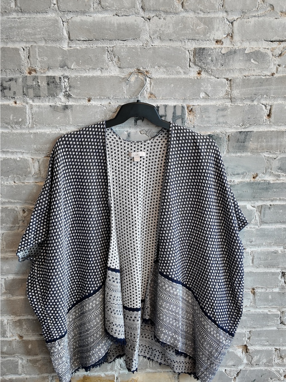 LOFT Navy Blue White Geometric Open Front Kimono Cardigan Wrap Fringe One Size